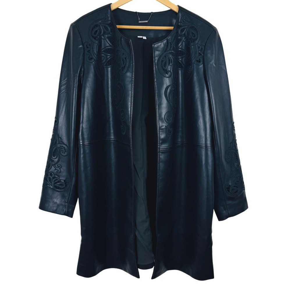 Chicos Black Faux Leather Laser Cut Embroidered Open Front Jacket Size 3 Plus 16
